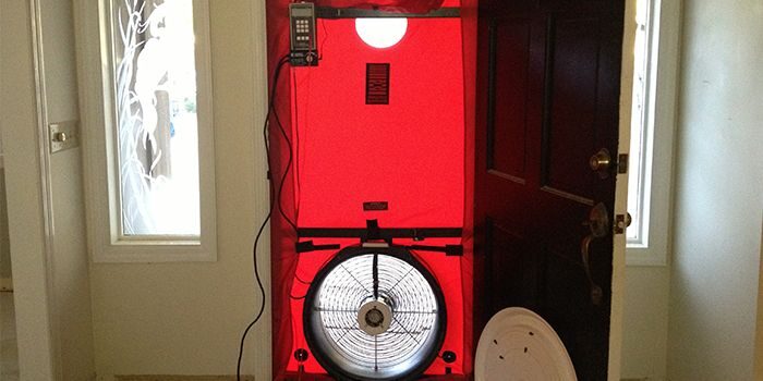 Room integrity testing, door fan test, blower door test